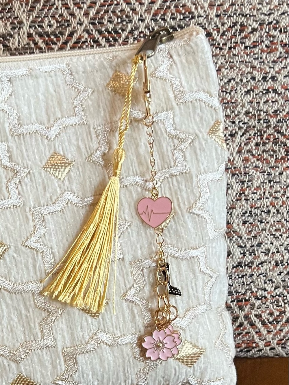 3 Gold Charm Keychains with Blue Butterfly and Green Clover Accents